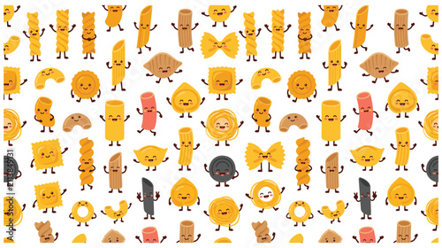Seamless pattern with cute smiling pasta characters.