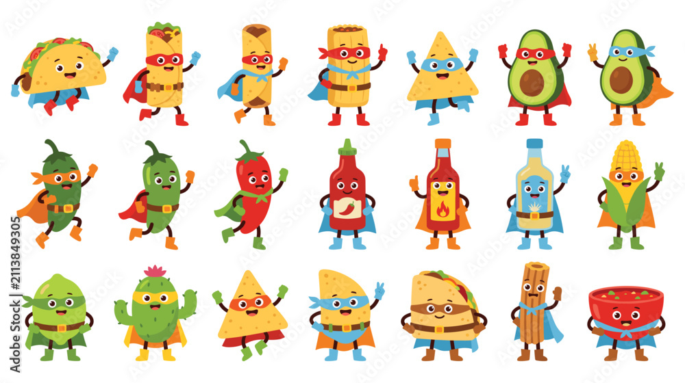 Naklejka premium Super heroes food characters and edible mascots.