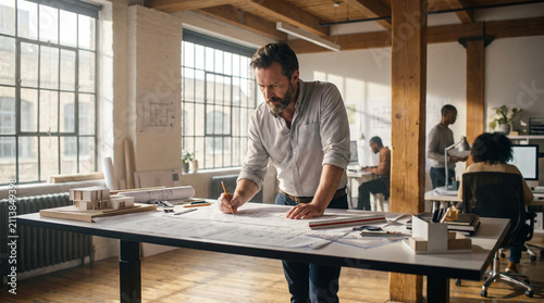This beautiful highly detailed stock photograph captures a creative male architect drafting building plans at a tall standing desk inside a bright open-plan office space.
