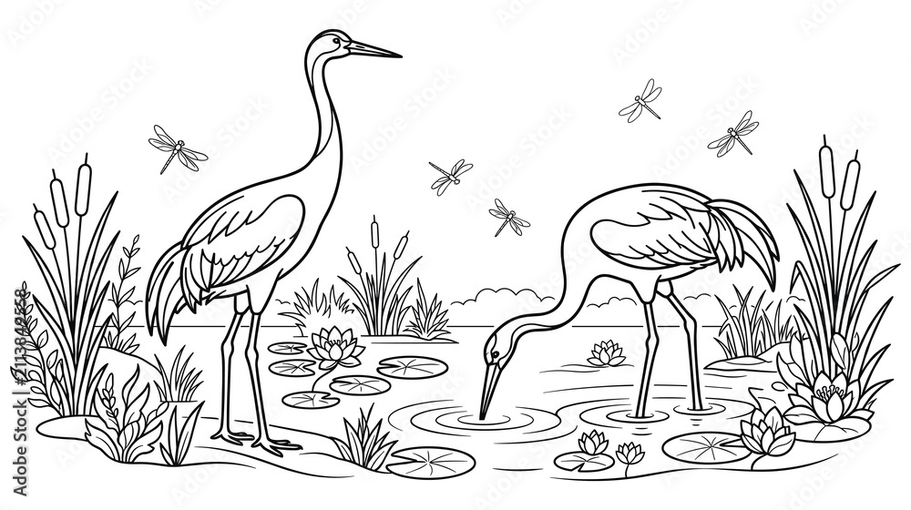 Obraz premium Cranes in wetland habitat with dragonflies line art drawing.
