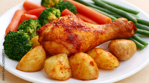 The succulent golden chicken leg sits gracefully on a pristine white plate. Roasted potatoes and vegetables encircle the meat. Bright, vivid colors are provided by fresh broccoli, carrots, and green b