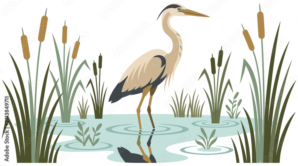 Fototapeta premium Great egret wading in pond with reflection and plants.
