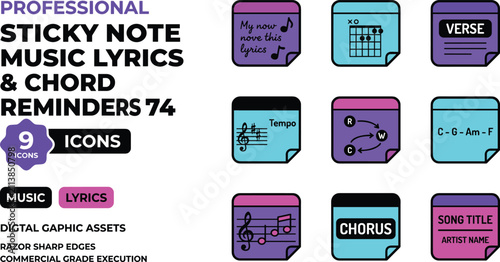 Fotografie Set of Professional Sticky Note Music Lyric and Chord Reminders with Icons