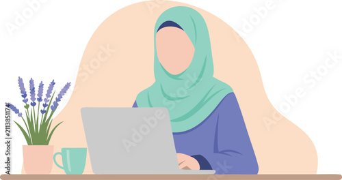 Muslim woman in a teal hijab focused on her laptop at a cozy desk with a plant and cup, perfect for remote work posters, education materials, and productivity-themed designs