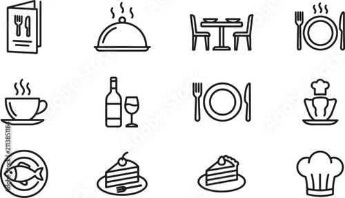 Restaurant and fine dining icon set in thin line style with restaurant