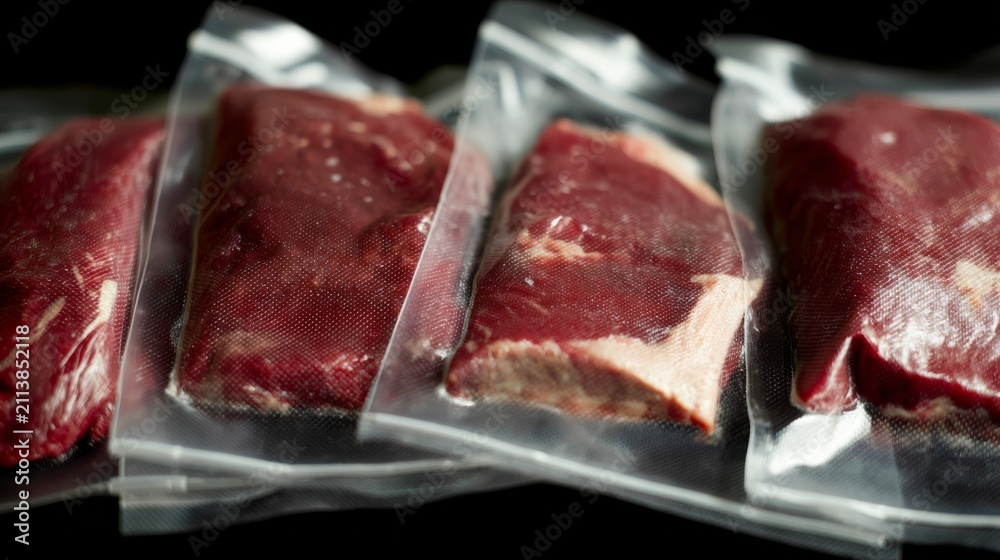 Fototapeta premium Close-up view of vacuum-sealed raw meat portions on a black background ready for storage