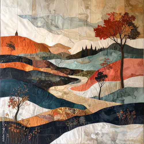 soft abstract textile artwork exploring memory, belonging, and places that feel strangely familiar. Blend dreamlike landscapes with subtle human emotion, suggesting distant pathways, fragments of tree