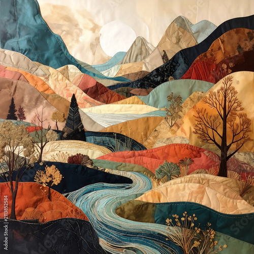 soft abstract textile artwork exploring memory, belonging, and places that feel strangely familiar. Blend dreamlike landscapes with subtle human emotion, suggesting distant pathways, fragments of tree