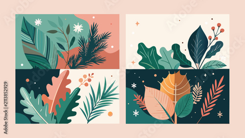 Merry Christmas Greeting Card Set with Holly Berries, Botanical Leaves, Xmas Minimal design of banner, poster, cover templates, Flat Vector Illustration