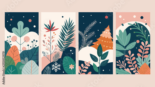 Merry Christmas Greeting Card Set with Holly Berries, Botanical Leaves, Xmas Minimal design of banner, poster, cover templates, Flat Vector Illustration
