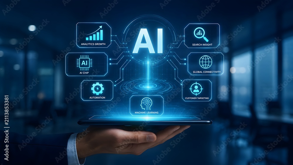 Fototapeta premium Futuristic artificial intelligence dashboard hologram hovering over digital tablet with machine learning data nodes