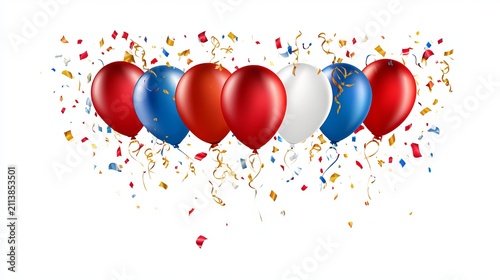 Party banner with balloons and confetti for birthdays or anniversaries. A realistic 3D image for holiday surprises.