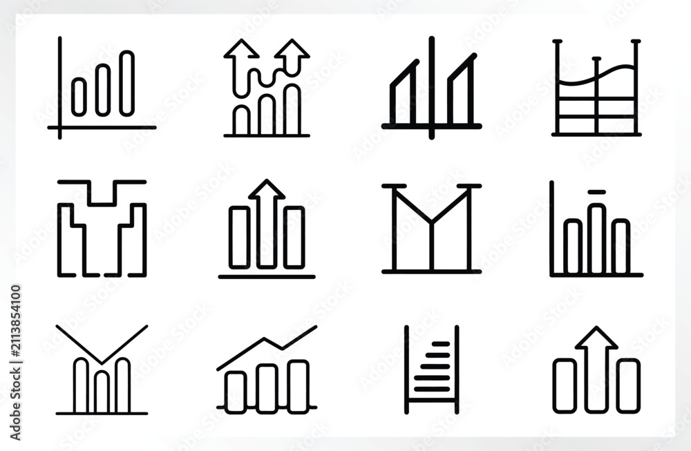 Obraz premium Business bar chart icons set. Financial growth and data analysis vector line symbols.
