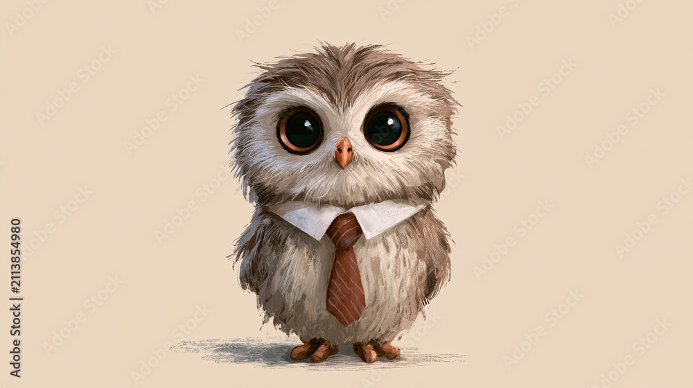 Fototapeta premium Small owl, dressed in necktie, appears in drawings.
