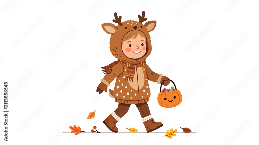 Fototapeta premium Autumnal Adventure: A cheerful child dressed in a cute deer costume, complete with spotted fur and antlers, strolls through fallen autumn leaves, carrying a pumpkin-shaped candy bucket.