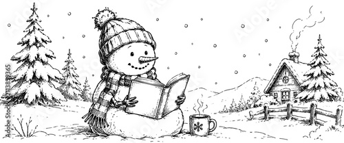 Cheerful snowman reading a book beside a warm drink in a snowy countryside, illustrated for winter holidays, Christmas, education, and seasonal greeting designs.