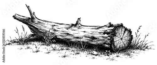 Weathered fallen tree log resting on grassy ground, shown as an engraved illustration for forestry, woodland, lumber, and natural landscape concepts.