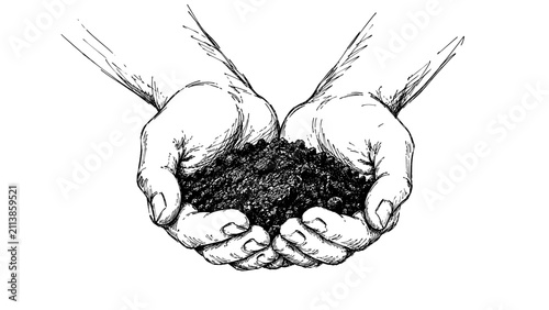Realistic sketch of hands holding fertile soil, symbolizing sustainability, agriculture, environmental care, gardening, growth, and connection with nature.