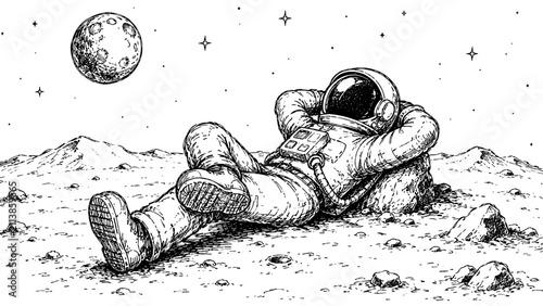 Imaginative sketch of an astronaut relaxing on the lunar surface, capturing space exploration, curiosity, peaceful solitude, and the wonder of the universe.