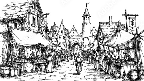 Lively sketch of a medieval marketplace filled with merchants, market stalls, and historic buildings, capturing everyday life, trade, and European heritage.