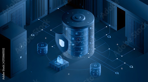 A dark blue server room featuring a glassy database cylinder, shield icon, encrypted data blocks, and a network of query lines, visualizes an AI-focused security strategy centered on database-first pr