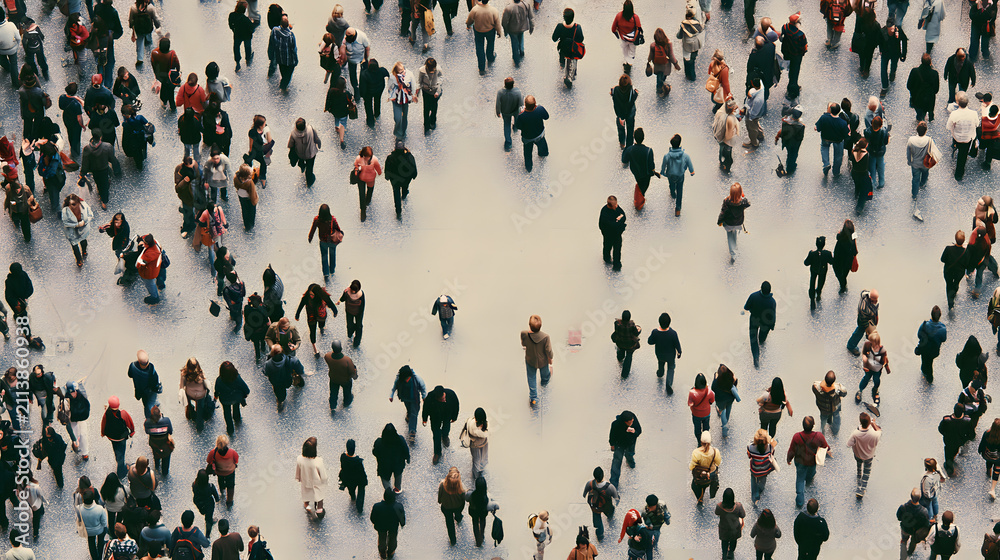 Obraz premium A panoramic perspective of a mixed group of pedestrians navigating a bustling urban thoroughfare
