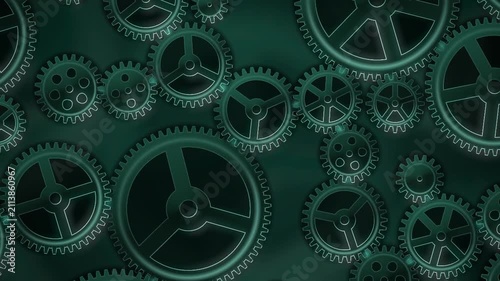 Interlocking Metal Gears Rotating Clockwork Mechanism Background Seamless Loop in cool emerald tones