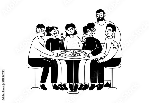 Family Sharing Pizza Table Doodle