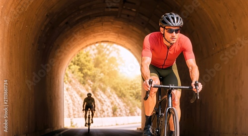 Professional road cyclist in red jersey and helmet emerging from a concrete arch tunnel into warm sunlight. Athlete riding bicycle on asphalt road with secondary rider blurred in background