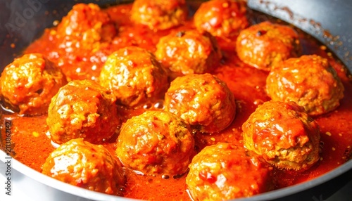 Meatballs in rich tomato sauce.