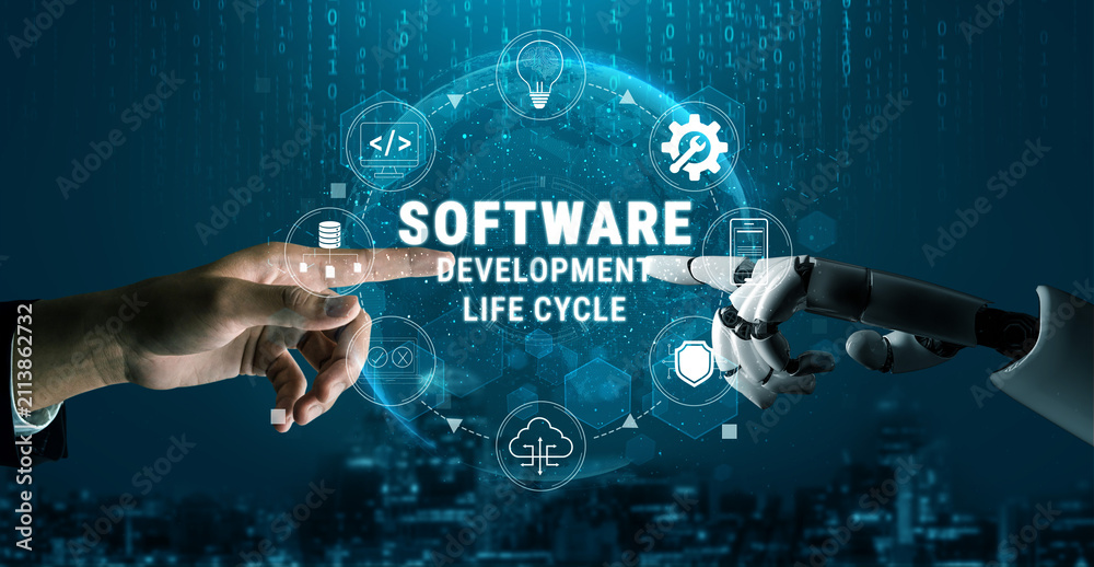 Obraz premium Hands of Human and Robot Touching Symbolizing Collaboration in Software Development Life Cycle with Digital Icons and Futuristic Background Quark.
