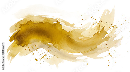 Dark mustard yellow watercolor paint smear with artistic splatters and textured edges on a transparent background, for digital png., ai generated isolated on a transparent background