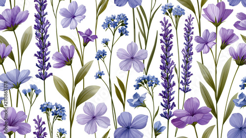 delicate watercolor wildflower pattern with lavender and blue blossoms on white