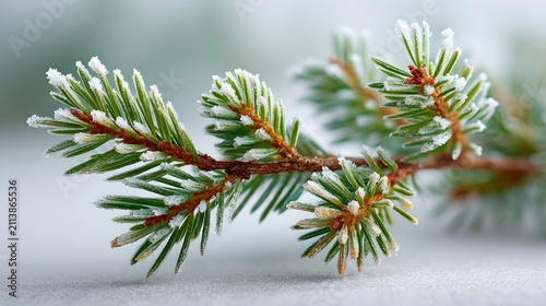 A close-up macro shot of a pine branch covered in frost and snow, with a soft, blurred background. The needle-like leaves are covered in ice crystals, highlighting the detail of nature's winter art