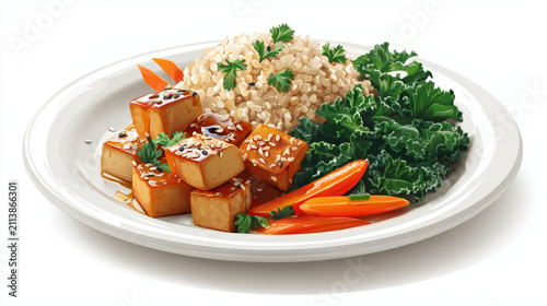 Elegant healthy meal plate with tofu, brown rice, kale, carrots, and sesame seeds, white background, realistic style.