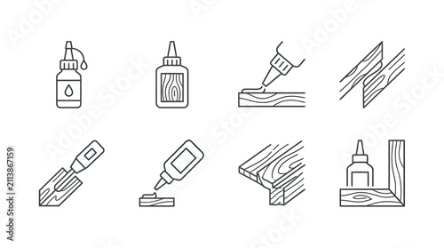 Adhesive application and wood joinery icons for crafting and repair