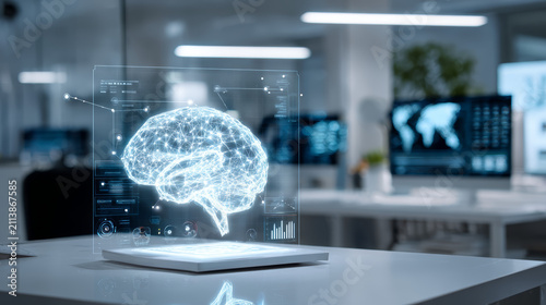 AI-powered HR system dashboard, digital brain analyzing employee data, glowing network connections, futuristic business concept, white background, ultra realistic, cinematic style.