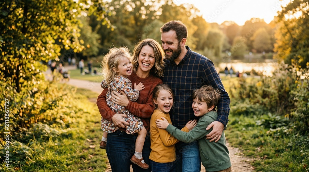 Fototapeta premium A family of five embraces happily outdoors, bathed in warm golden light. Perfect for showcasing family values, unity, and an idyllic lifestyle.