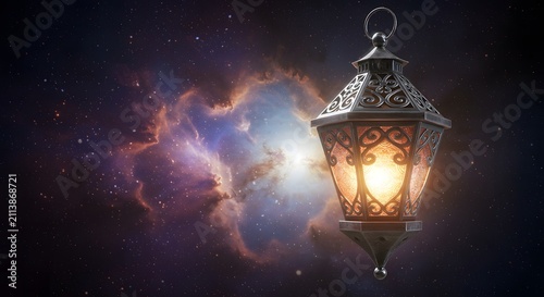 Glowing silver Moroccan lantern hanging against a deep cosmic nebula and starry night sky background with copy space for Ramadan design.