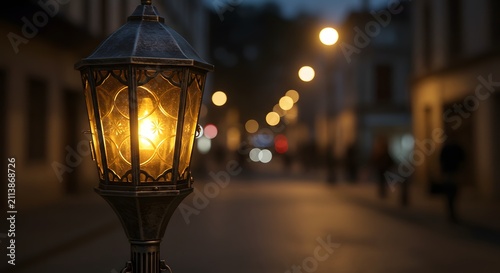 Glowing vintage silver street lantern on a pole along an old city street at night, featuring warm blurred bokeh lights and copy space.