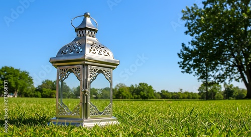 Silver Moroccan lantern standing on fresh green grass lawn in a public park under clear blue sky during sunny summer day with copy space.