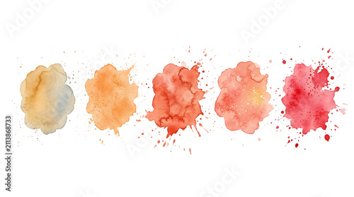 Five vibrant watercolor paint splatters arranged in a horizontal line with a gradient of warm colors from yellow to red , png. ai generated isolated on a transparent background