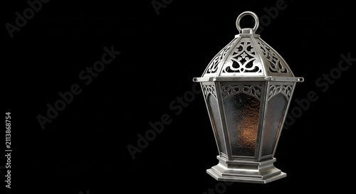 3D render of an ornate silver Moroccan lantern with textured glass, isolated on solid black background with copy space for Islamic holiday design.