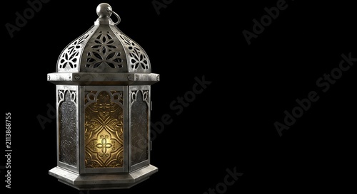 3D render of a ornate silver Moroccan lantern with glowing patterned glass, isolated on black background with copy space for Ramadan design.