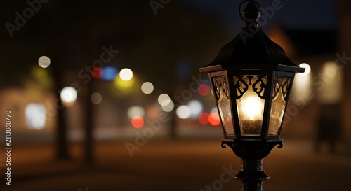 Glowing vintage street lantern on a pole at night featuring colorful bokeh lights blurred in the dark urban background with copy space.