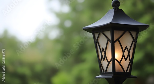 Glowing black vintage garden lantern hanging against soft blurred green foliage background with copy space for text during daytime.