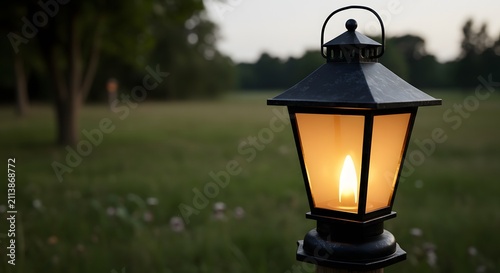 Glowing vintage garden lantern with warm candle flame on wooden post in a green public park during evening dusk with copy space.