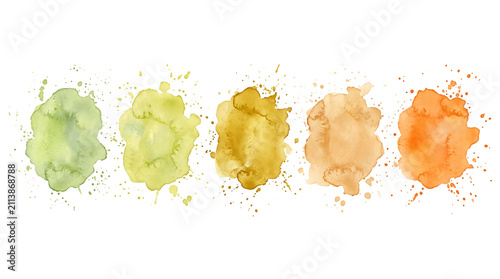 A horizontal row of five distinct watercolor paint splatters in a gradient of green, yellow, gold, beige, and orange on a solid black png. ai generated isolated on a transparent background