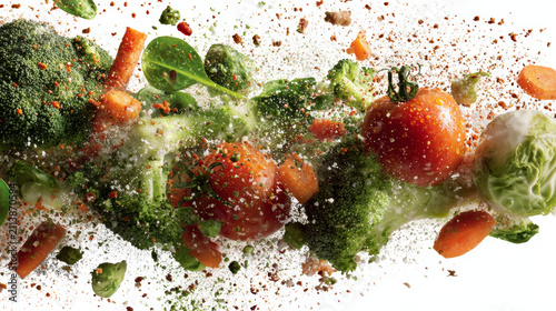 Fresh vegetables transforming into running particles, symbolizing energy from healthy food, white background, dynamic motion.