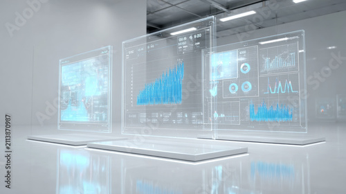 Futuristic HR system interface, 3D floating charts and KPI panels, realistic reflections, clean white studio lighting, high resolution render.
